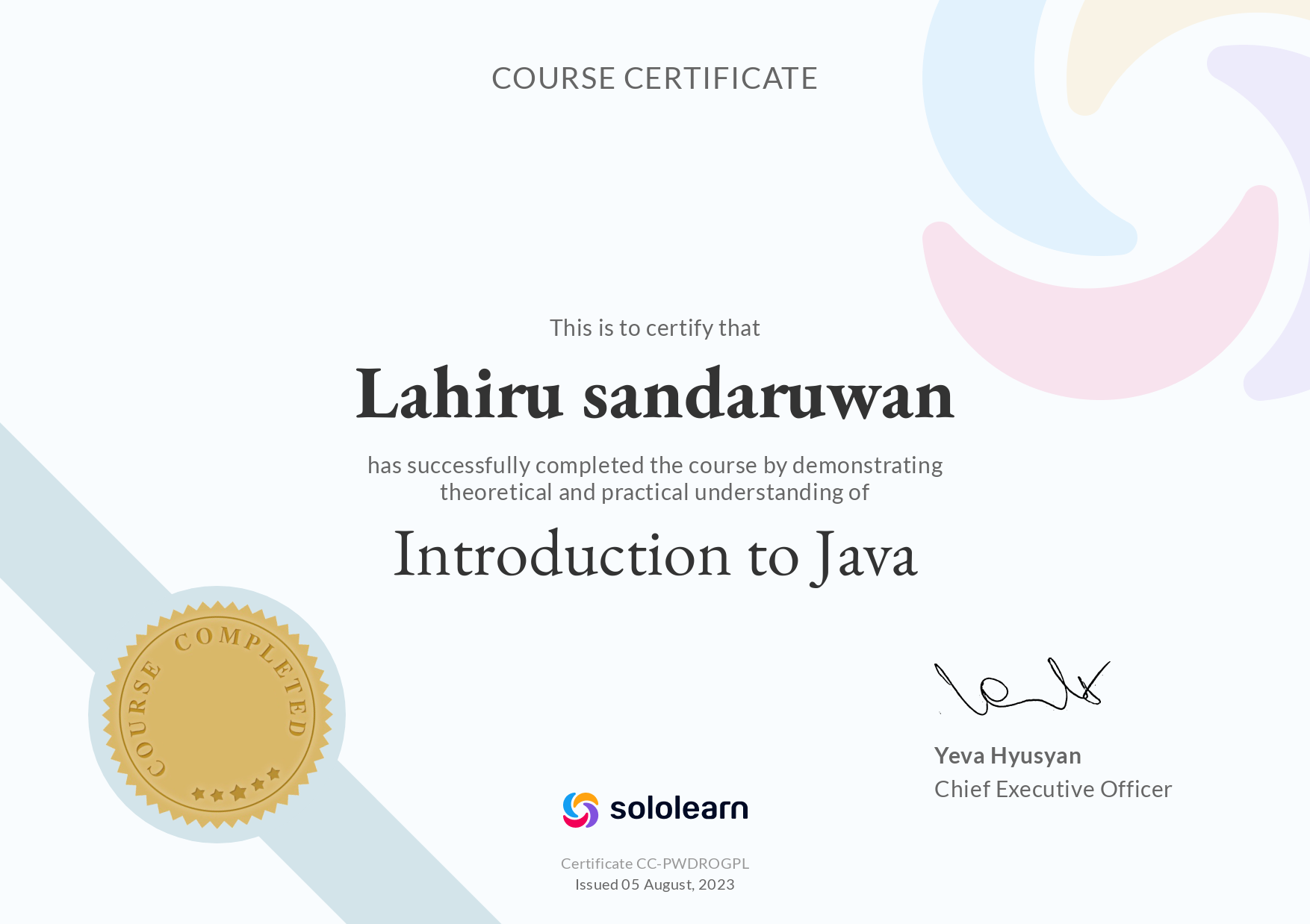 JAVA certificate from Sololearn