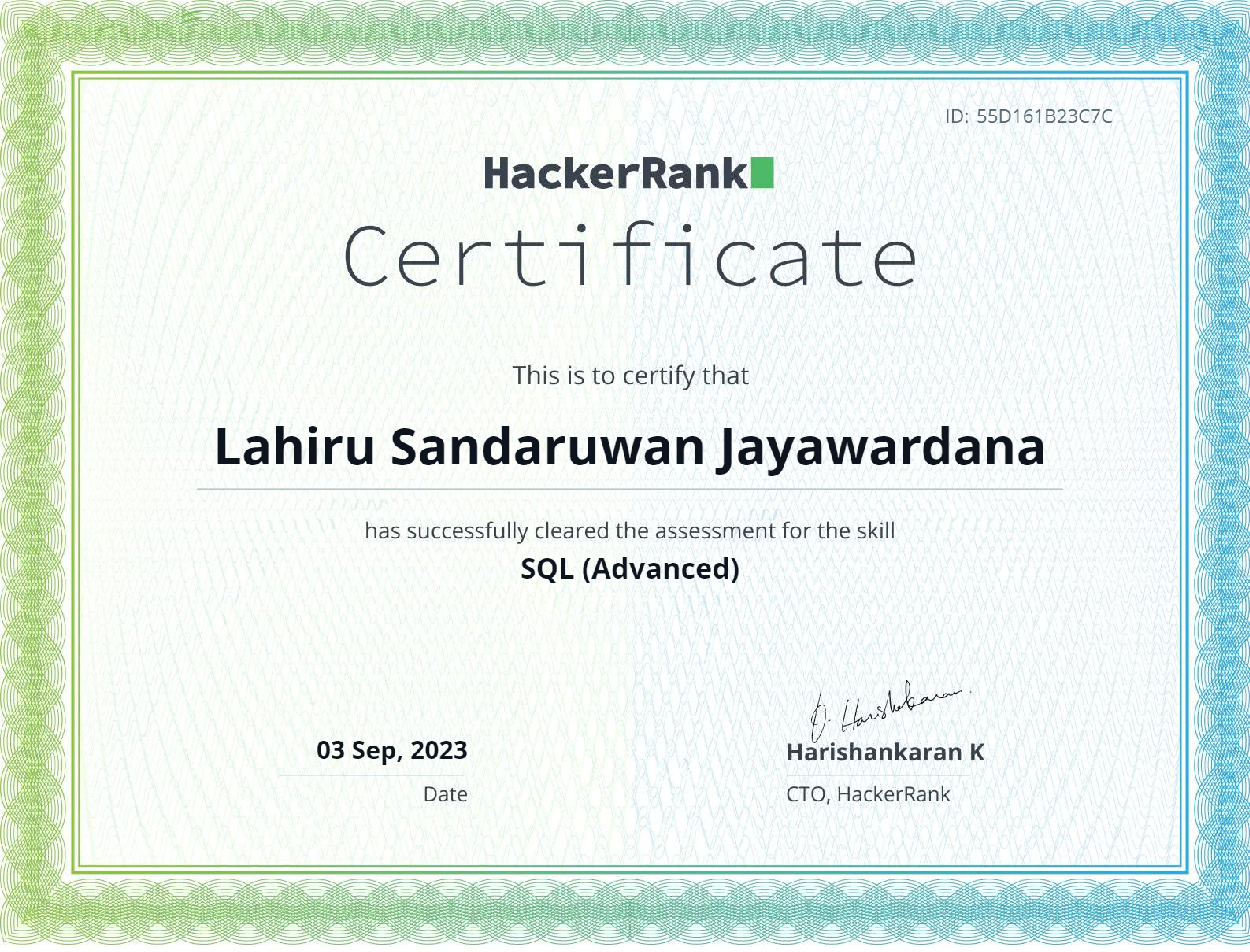 SQL (Advanced) certificate from HackerRank