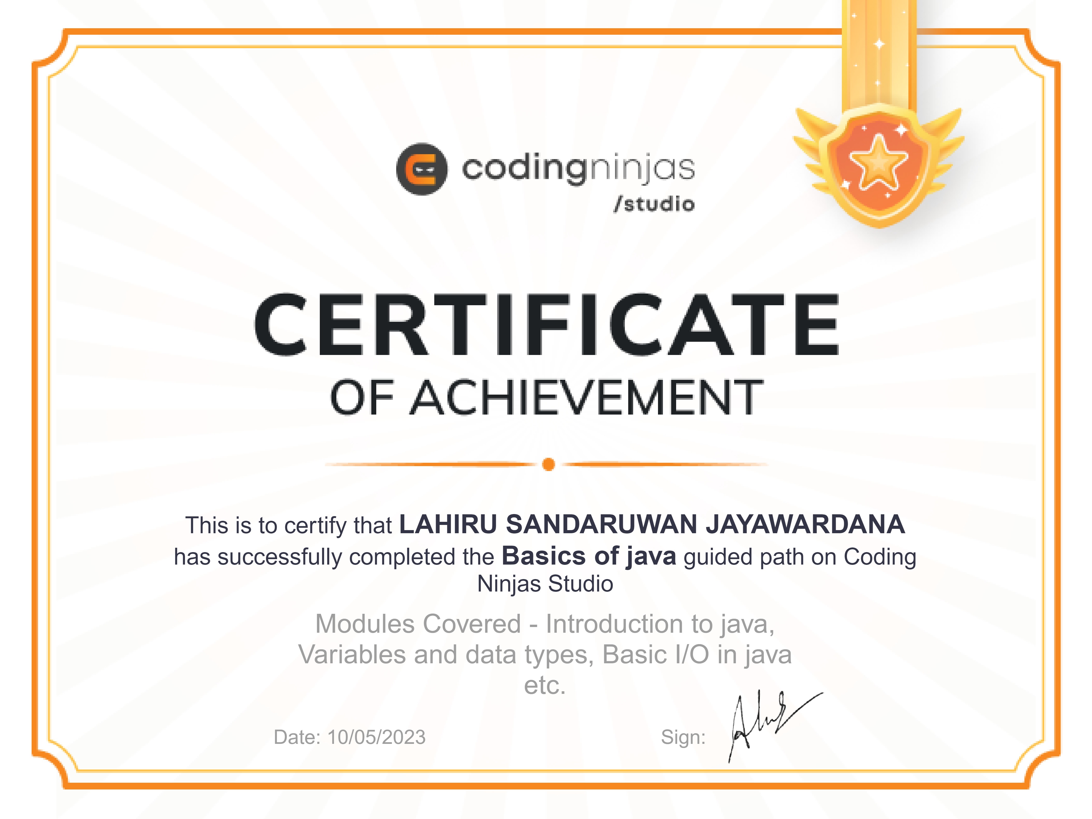 JAVA certificate from Coding Ninjas
