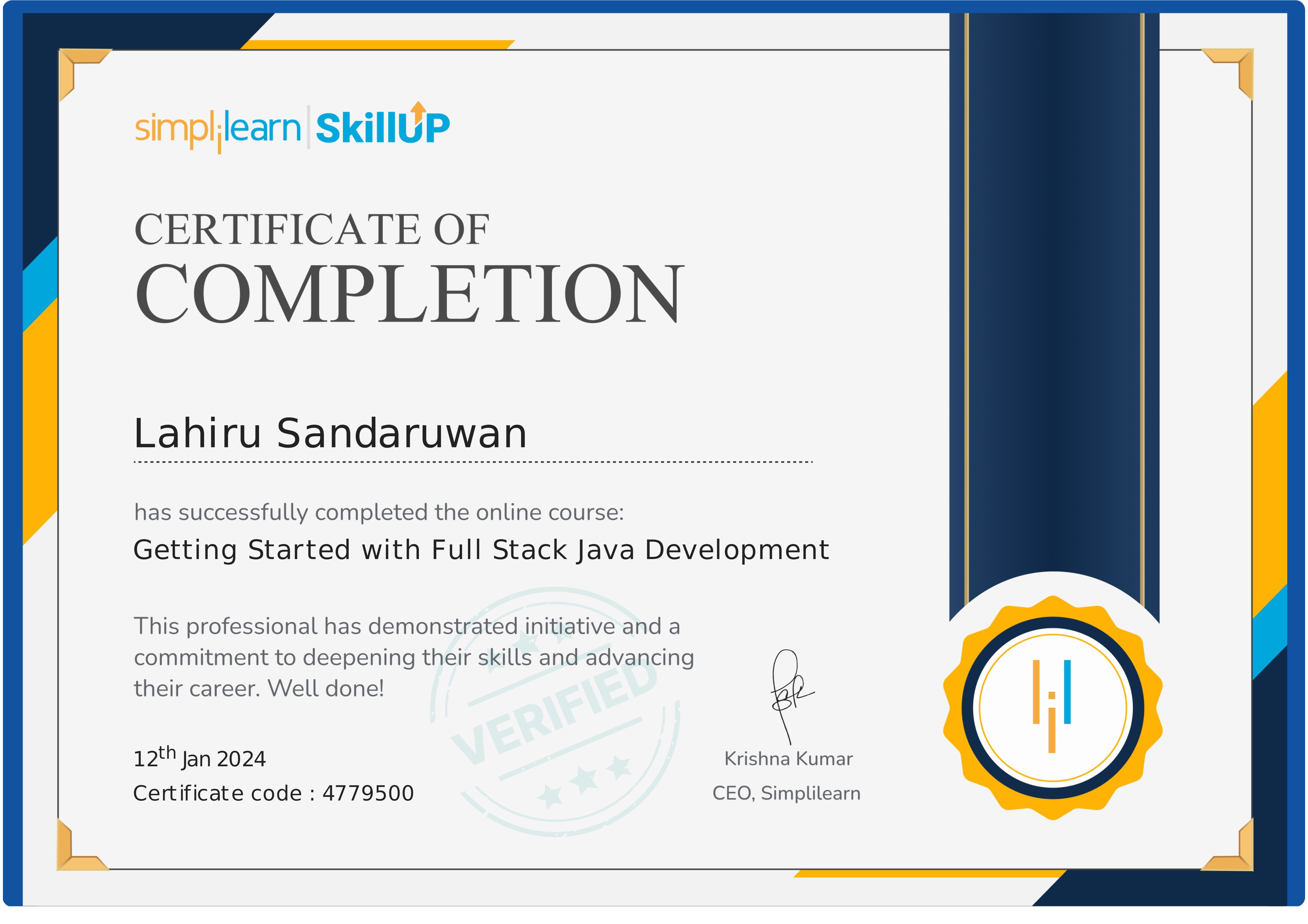 Java Full Stack certificate from Simplilearn