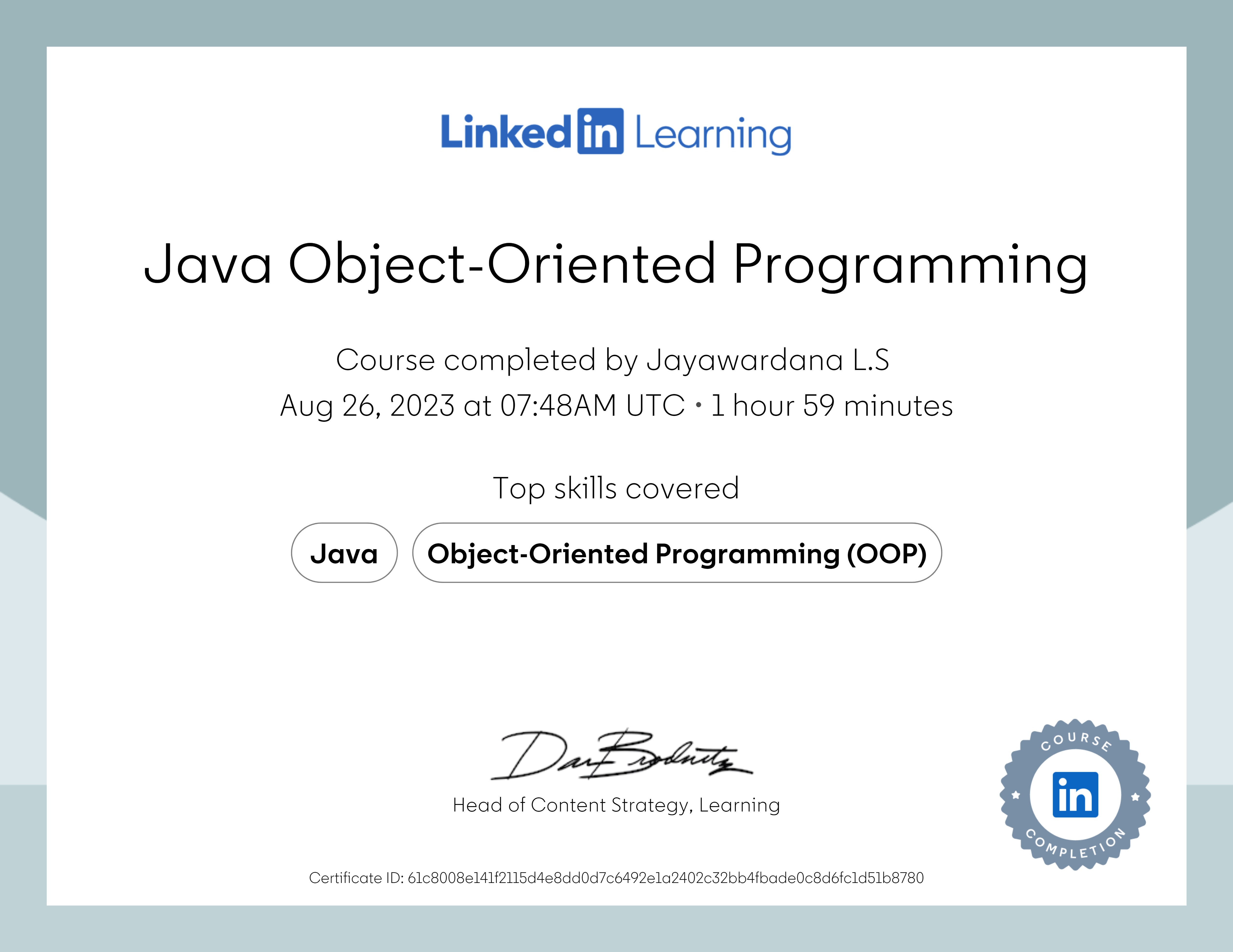 OOP certificate from LinkedIn